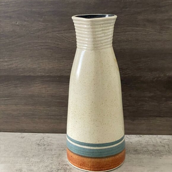 Vintage Lapid Israel Hand Painted Cream Blue Brown Stripe Stoneware Pitcher 12"H - Picture 3 of 9